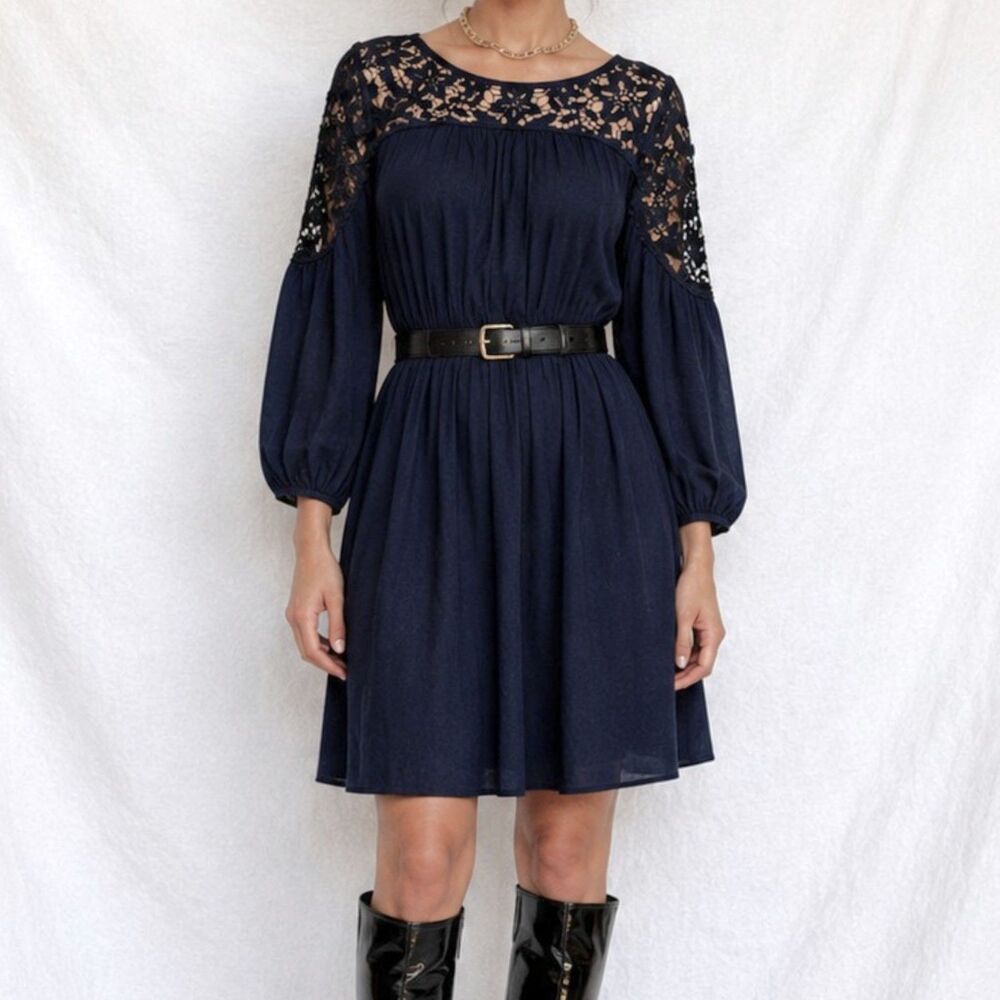 Vintage Y2K 90s Navy Blue Lace Puffy Sleeve Knee Length Flared Knit Dress Size M